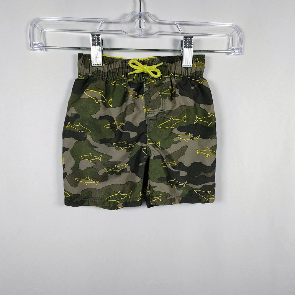 Old Navy Boys Camo Shark Swim Trunks Green Neon Yellow Mesh Lining 18-24M